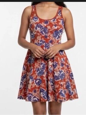 Floral Scoop Neck Fit & Flare Dress in Rust and Purple